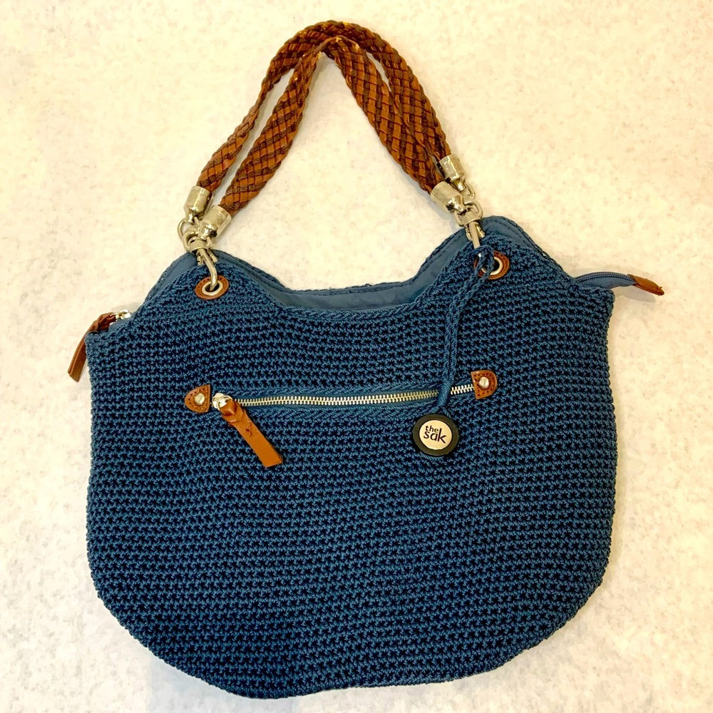 The SAK Indio crochet satchel in vintage blue with non-leather woven straps